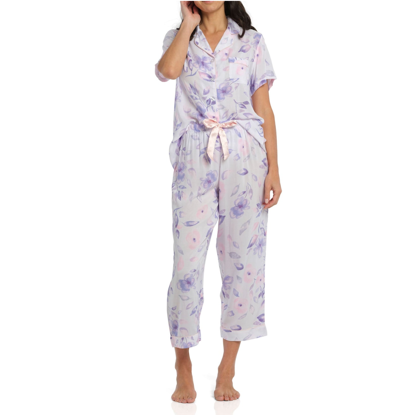 Purple Floral Pyjama Set with 7/8 Pants - Purple Obsession
