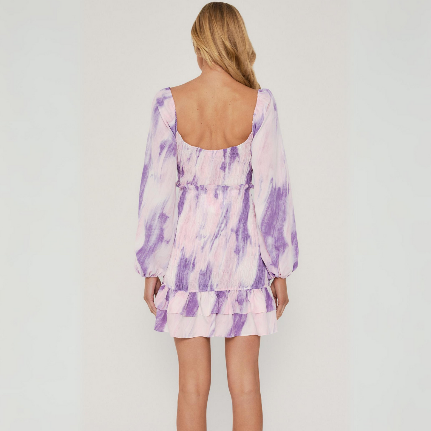 Watercolour Printed Scoop Neck Shirred Dress - Purple Obsession