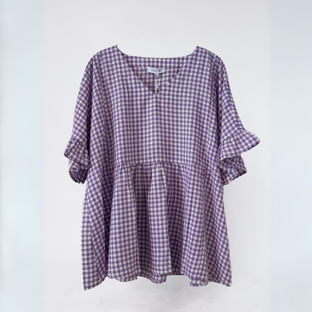 Gingham Shirt Frill Sleeve - Lilac - Purple Obsession