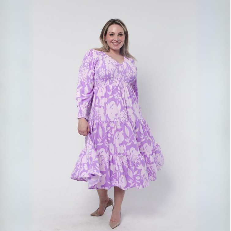 Shirred Purple Print Dress - Purple Obsession