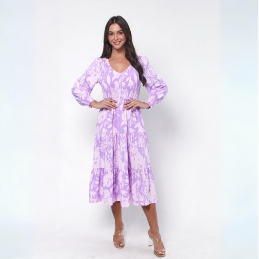 Shirred Purple Print Dress